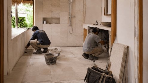 Artisans rénovant la salle de bain d'une villa à Koh Samui