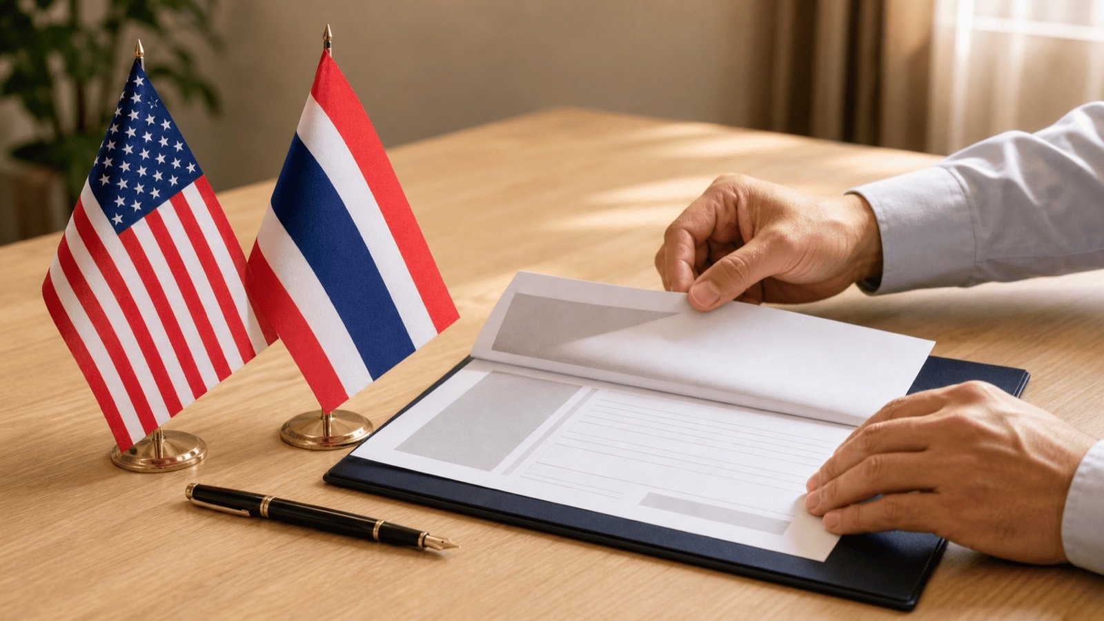 Drapeaux américain et thaïlandais posés près du traité, le Treaty of Amity entre les États-Unis et la Thaïlande