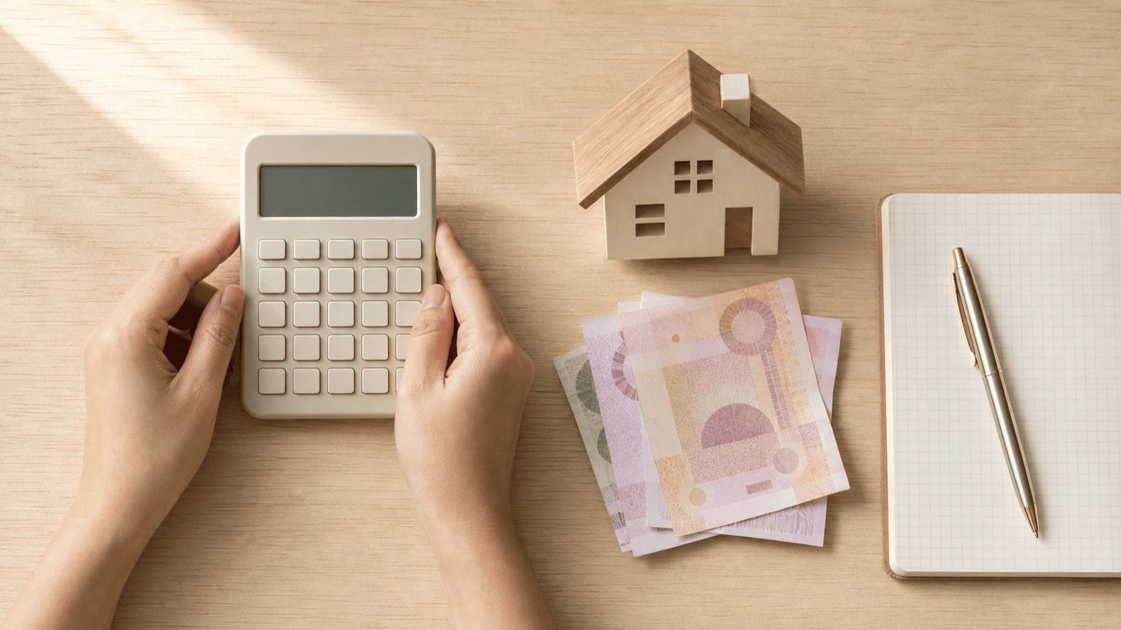 Calculatrice, maquette de maison et billets posés sur un carnet, le calcul de la TVA immobilière en Thaïlande