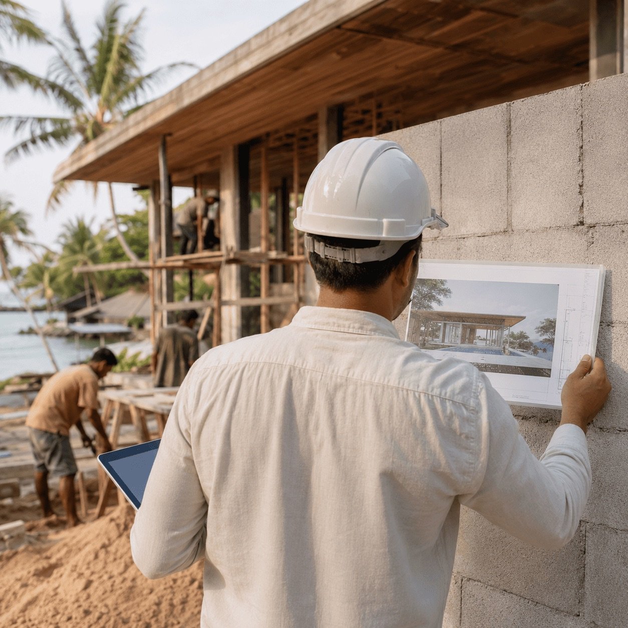 Vérification des plans sur un chantier de villa à Koh Samui