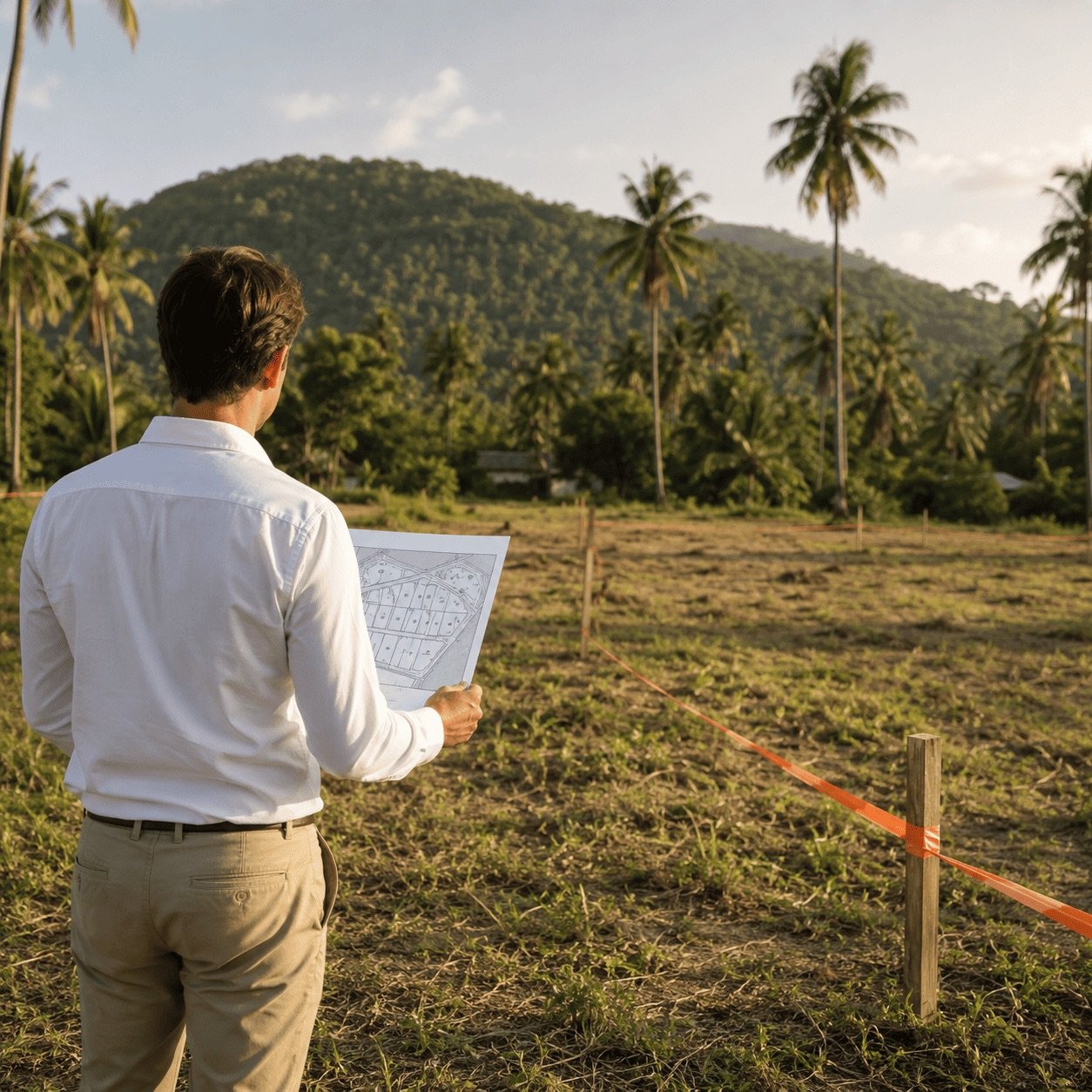 Expert comparant le plan cadastral avec la parcelle sur un terrain à Koh Samui