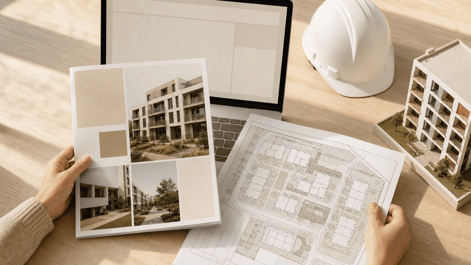 Brochure de projet, plan masse, casque de chantier et maquette d'immeuble sur une table, vérifier un promoteur immobilier en Thaïlande