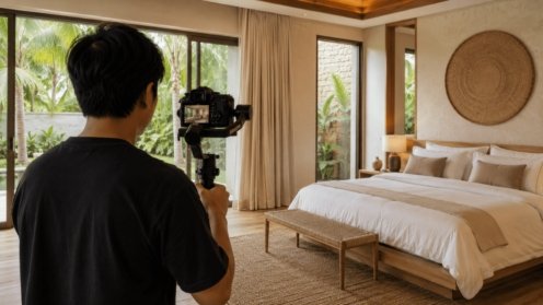 Vidéaste filmant la chambre d'une villa à Koh Samui au stabilisateur