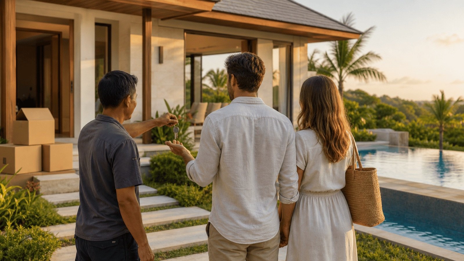 Agent remettant les clés à un couple devant une villa livrée avec sa piscine et des cartons, la villa clé en main en Thaïlande