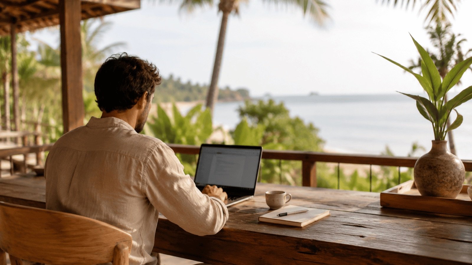 Télétravailleur en visa DTV travaillant face à la mer depuis une terrasse en Thaïlande