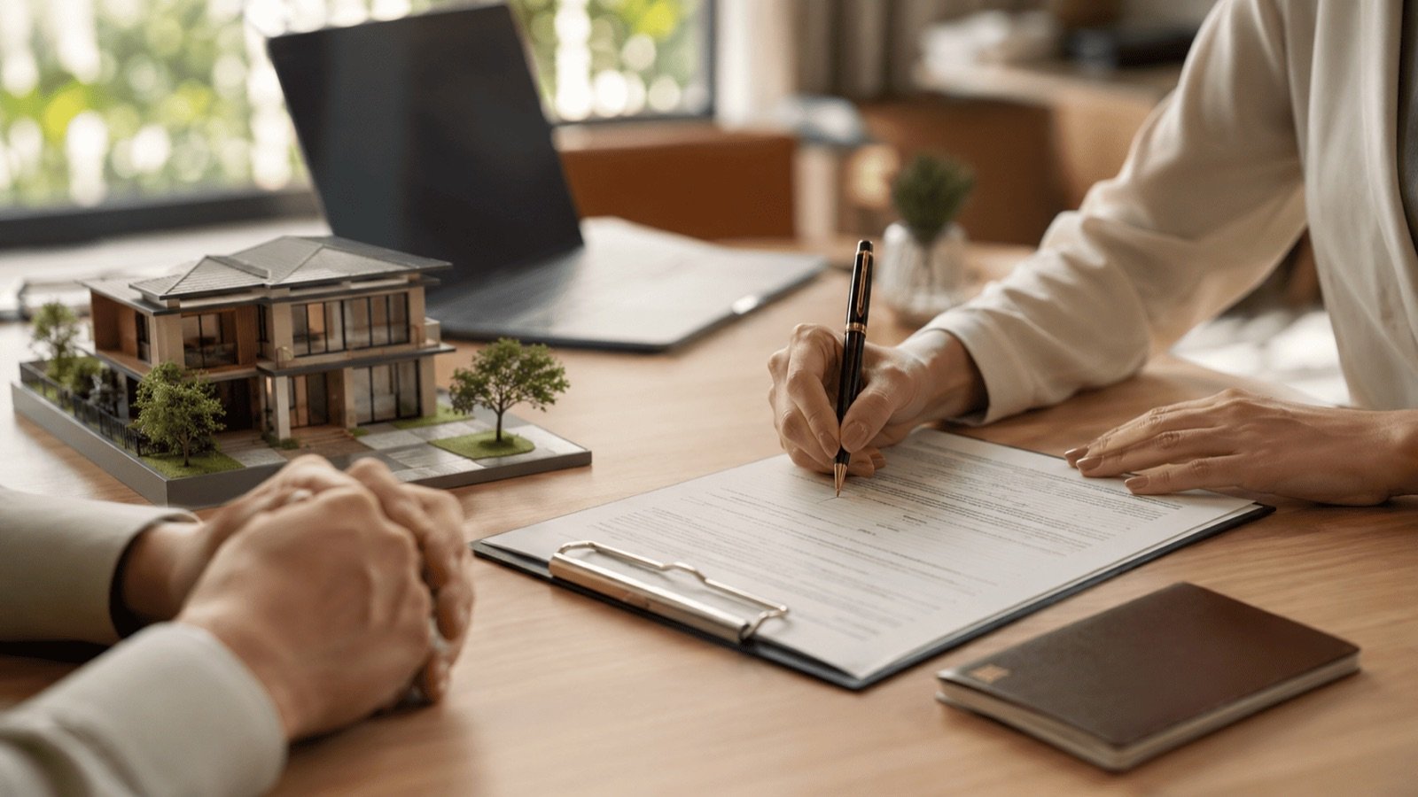 Signature d'un dossier de visa LTR devant une maquette de villa, l'immobilier compte dans les conditions