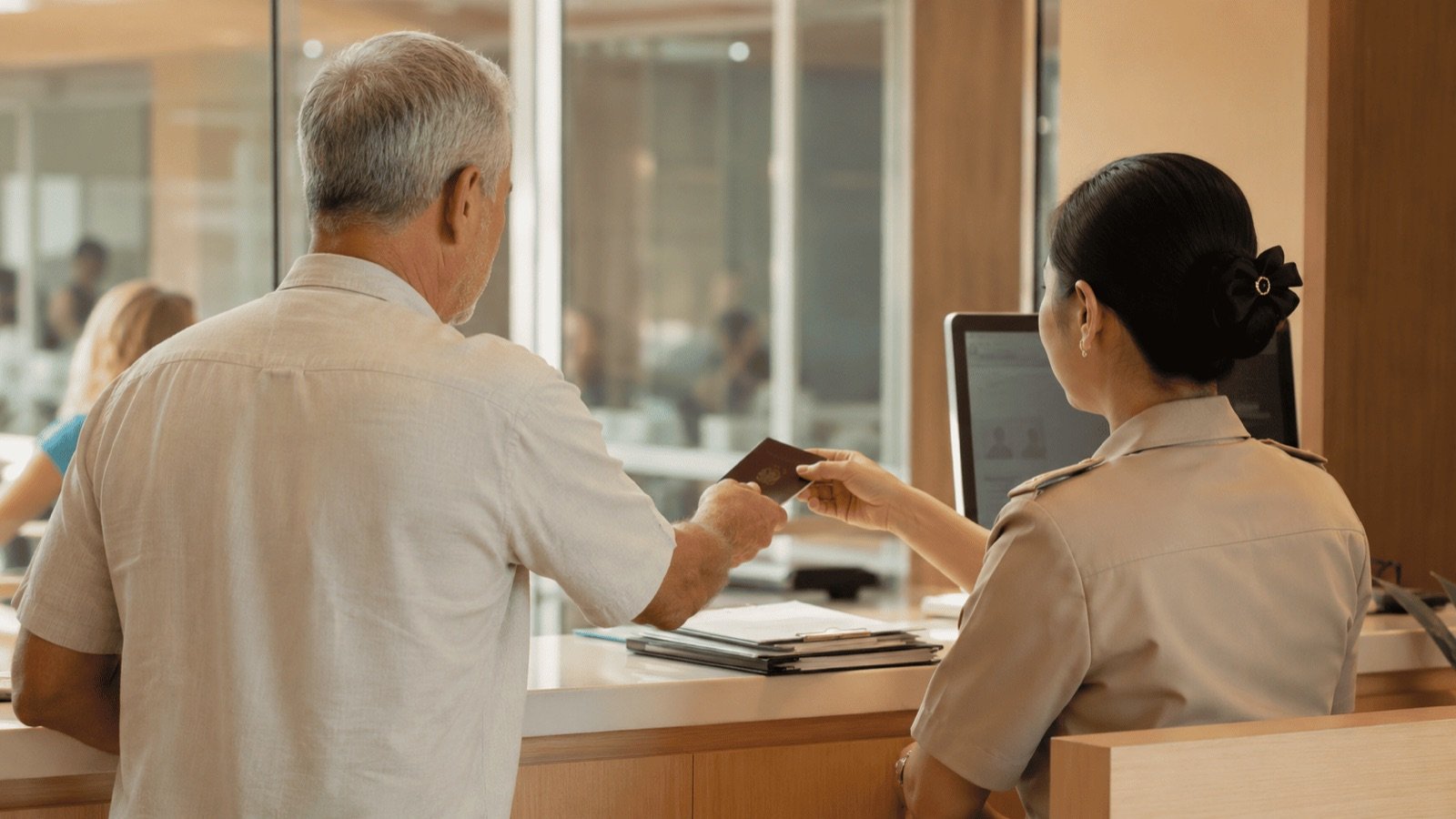 Remise du passeport au comptoir de l'immigration thaïlandaise, le parcours du visa Non-Immigrant O