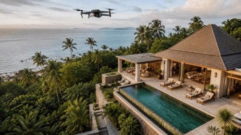 Drone filmant une villa avec piscine et vue mer à Koh Samui
