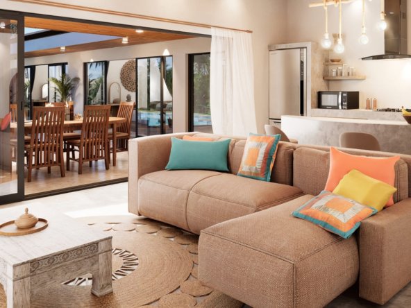 Rendu 3D du salon et de la cuisine ouverte de la Villa B2 Eden Land, 3 chambres à Lamai, Koh Samui