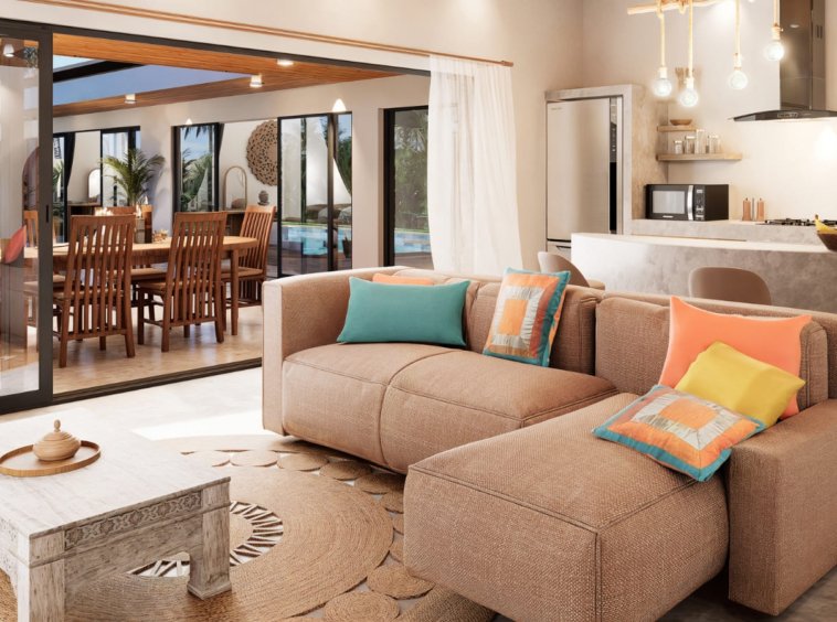 Rendu 3D du salon et de la cuisine ouverte de la Villa B2 Eden Land, 3 chambres à Lamai, Koh Samui