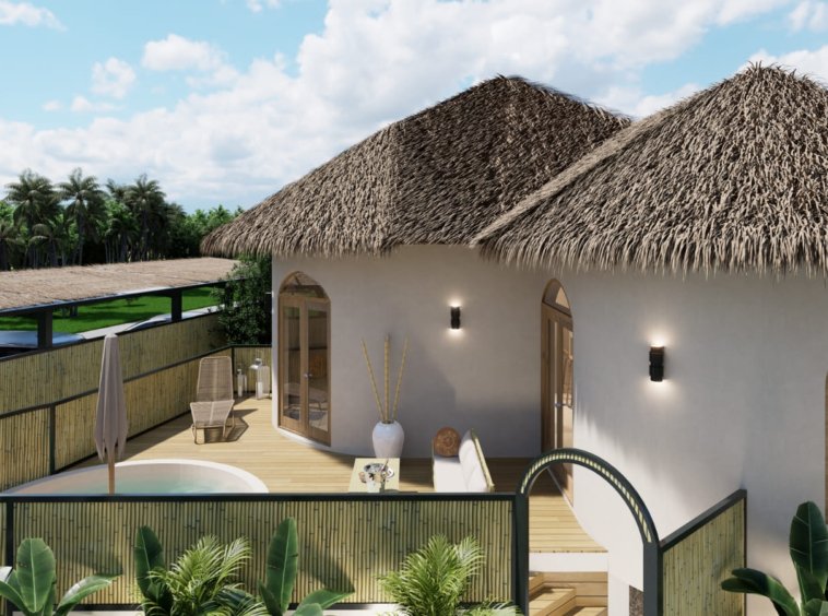 Rendu 3D de la terrasse avec piscine privée de la Villa Coco 5, villa 2 chambres à Lamai, Koh Samui