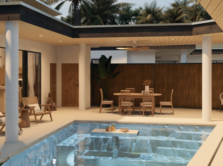 Rendu 3D de la terrasse avec piscine privée de la Villa River 1, 2 chambres à Lamai, Koh Samui
