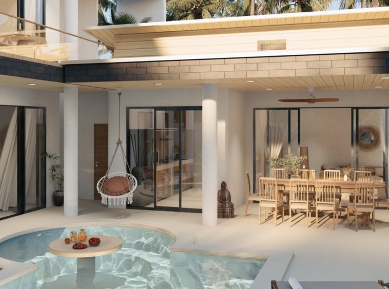 Rendu 3D de la piscine privée et de la terrasse de la Villa River 3, 4 chambres à Lamai, Koh Samui
