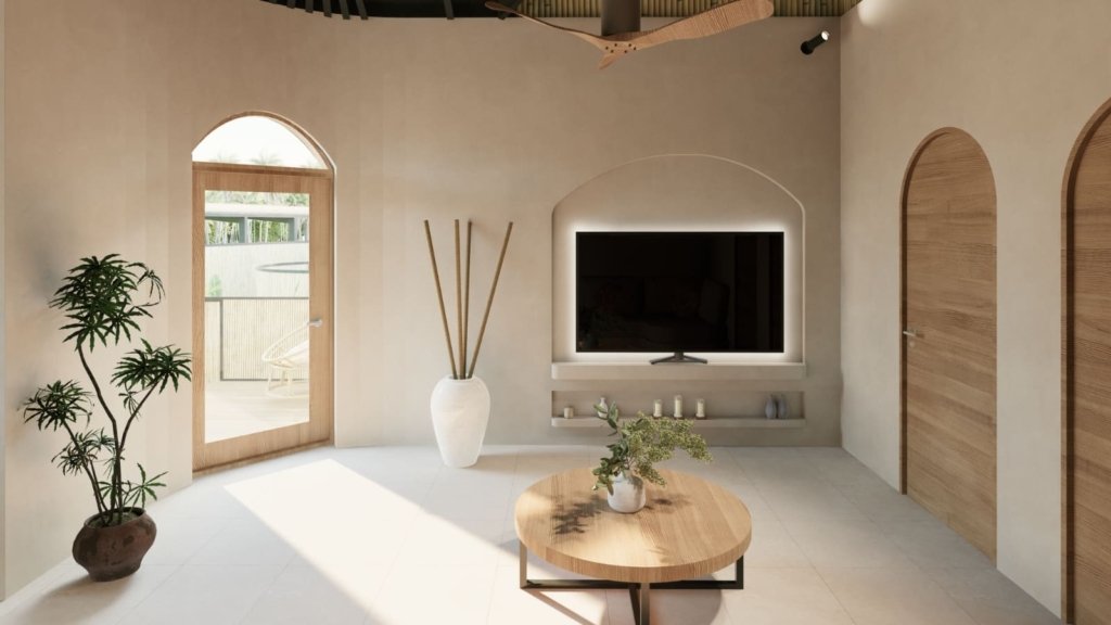 Rendu 3D de la pièce de vie de la Villa Coco 3 sous charpente apparente