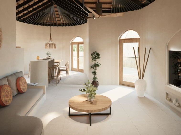 Rendu 3D du salon et de la cuisine de la Villa Coco 5