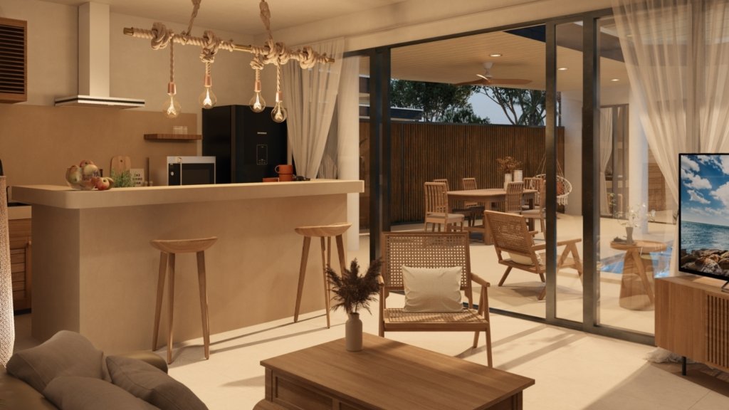 Rendu 3D du salon et de la cuisine ouverte avec bar de la Villa River 1