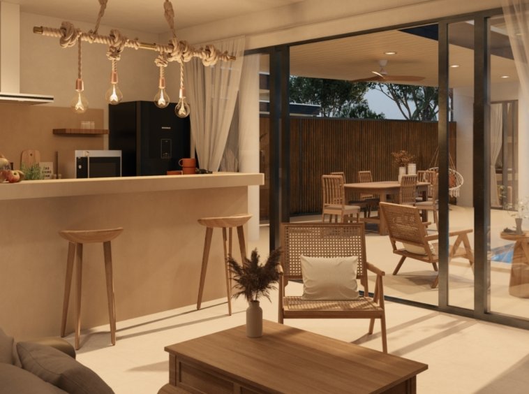 Rendu 3D du salon et de la cuisine ouverte avec bar de la Villa River 1