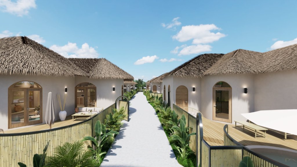 Rendu 3D des villas au toit de chaume du projet Coco Land