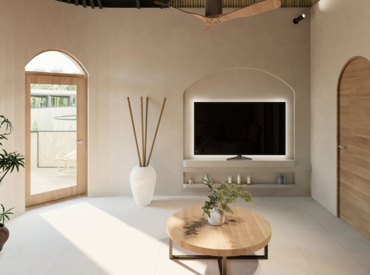 Rendu 3D de la pièce de vie de la Villa Coco 5 sous charpente apparente