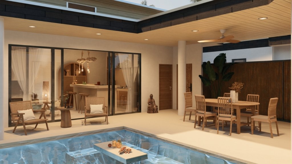 Rendu 3D de la piscine privée avec table flottante de la Villa River 1