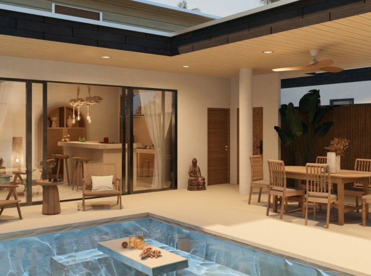 Rendu 3D de la piscine privée avec table flottante de la Villa River 1