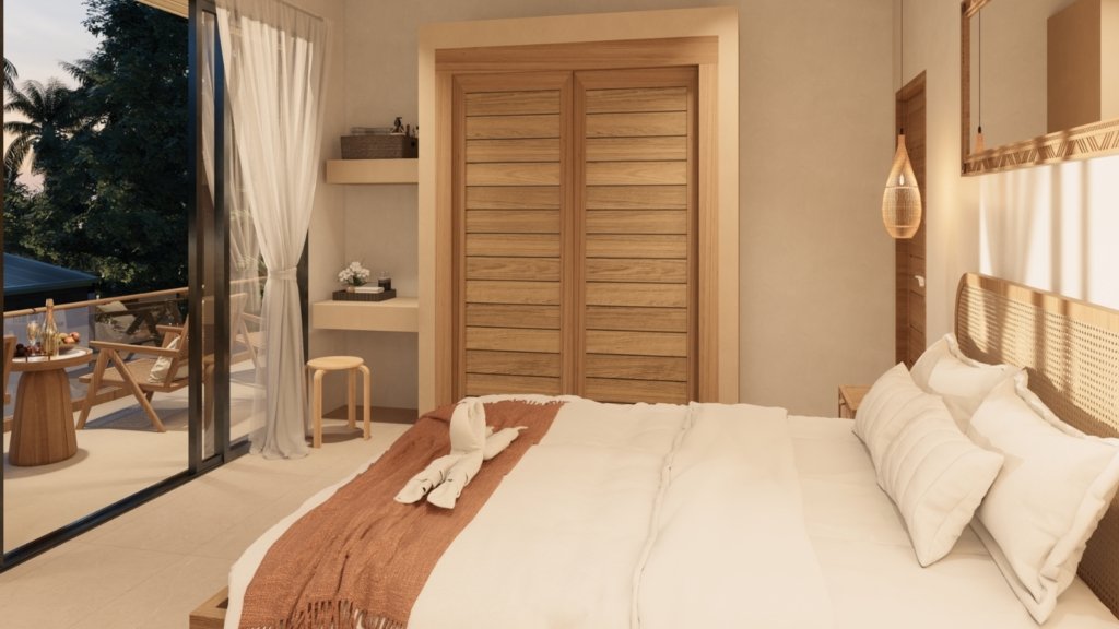 Rendu 3D du salon de la Villa River 3, décoration en bois et rotin