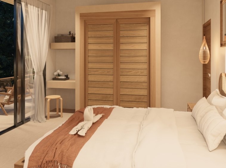 Rendu 3D du salon de la Villa River 3, décoration en bois et rotin
