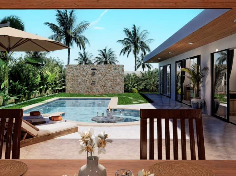 Rendu 3D de l'intérieur de la Villa B2, décoration bois et rotin
