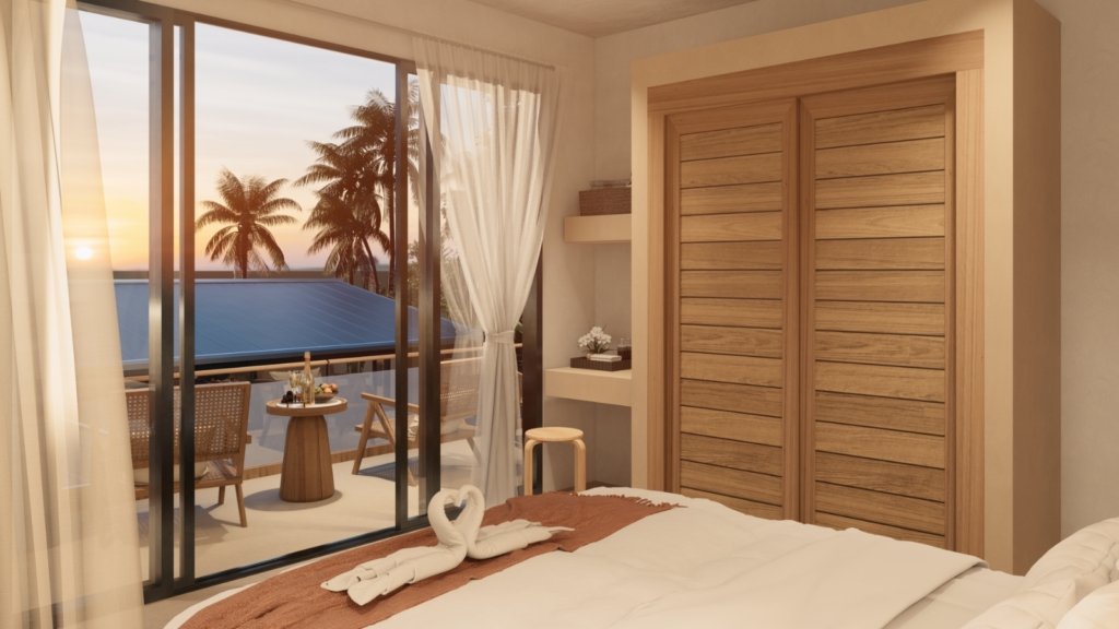 Rendu 3D d'une chambre à l'étage de la Villa River 3, ouverte sur la terrasse