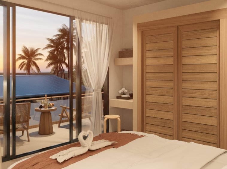 Rendu 3D d'une chambre à l'étage de la Villa River 3, ouverte sur la terrasse