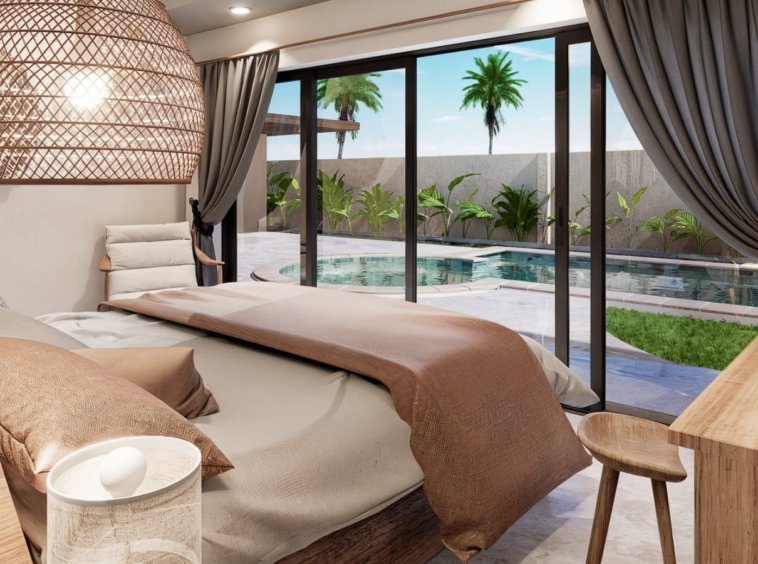 Rendu 3D de la chambre de la Villa B2 ouverte sur la piscine privée