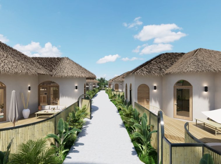 Rendu 3D extérieur de la Villa Coco 3, toit en chaume