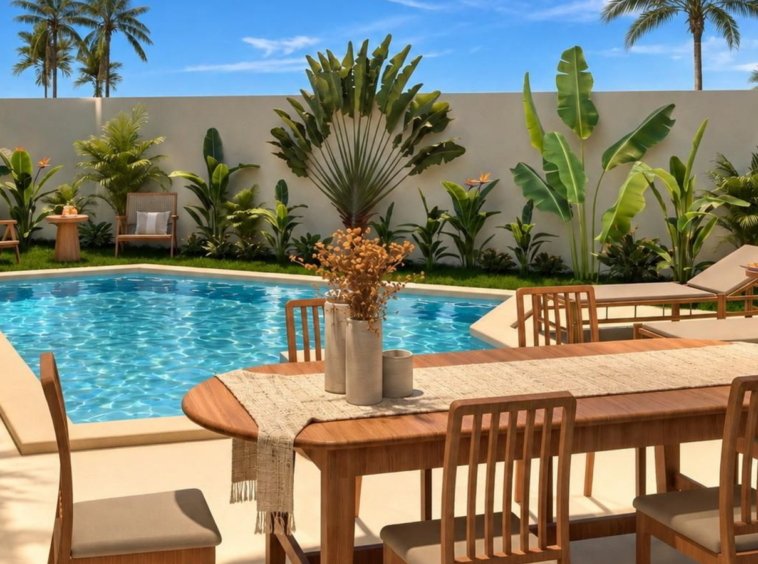 Rendu 3D de la terrasse couverte et de la piscine privée de la Villa Cholaland 1 chambre à Lamai, Koh Samui