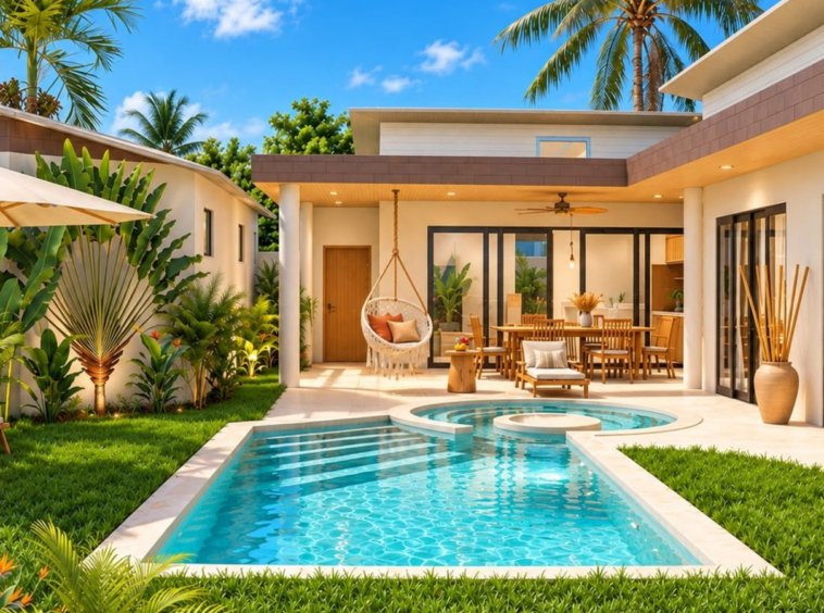 Rendu 3D de la piscine au sel avec bain rond et du jardin de la Villa Cholaland 2 chambres à Lamai, Koh Samui
