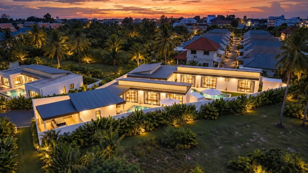 Vue aérienne de nuit de villas du projet Cholaland