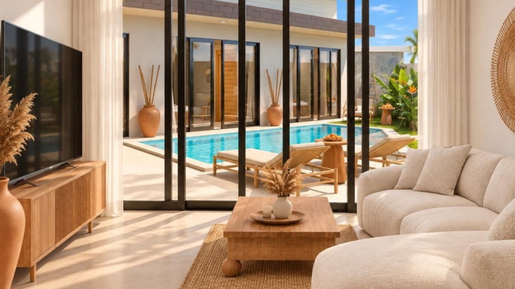 Rendu 3D du salon ouvert sur la piscine de la Villa Cholaland 1 chambre