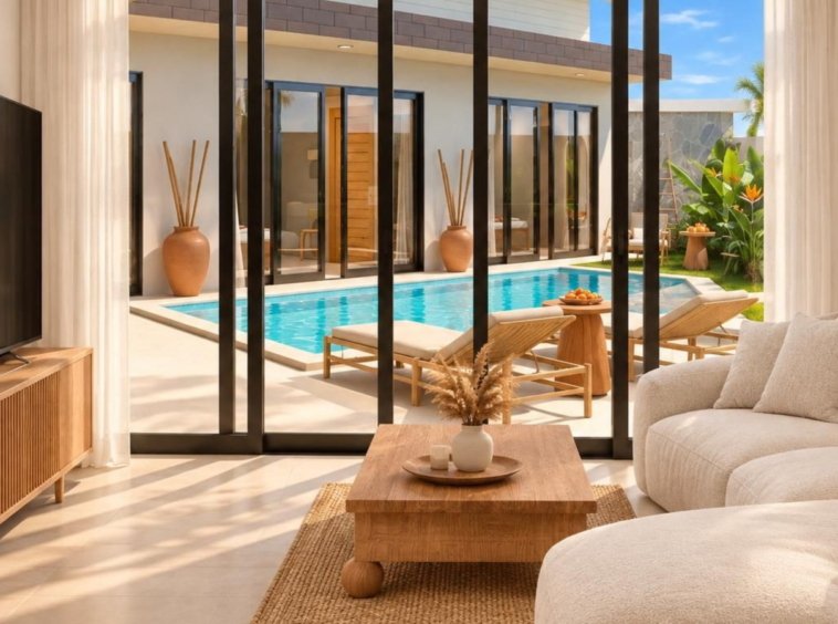 Rendu 3D du salon ouvert sur la piscine de la Villa Cholaland 1 chambre