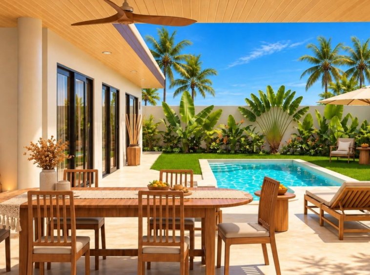 Rendu 3D de la terrasse couverte avec salle à manger face à la piscine de la Villa Cholaland 2 chambres