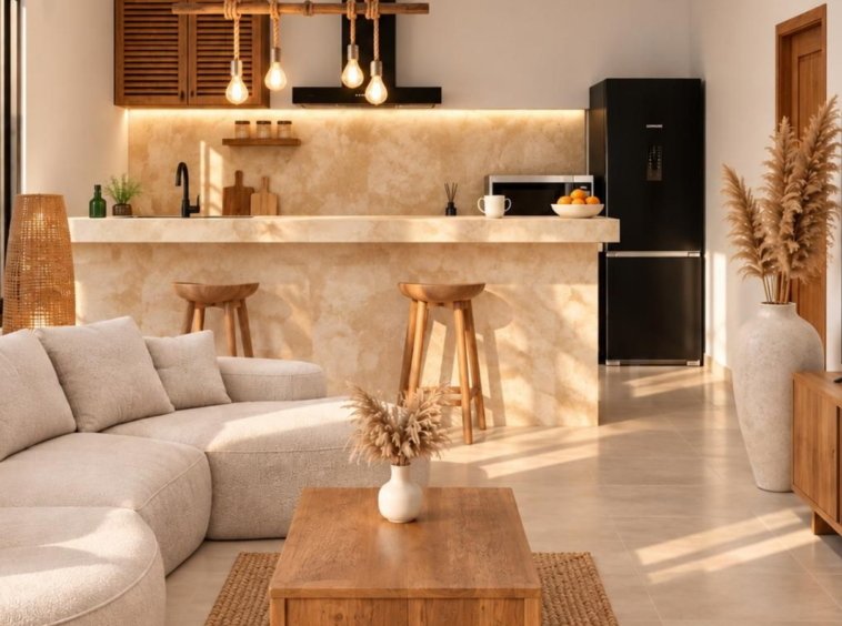 Rendu 3D du séjour avec cuisine et bar en pierre de la Villa Cholaland 1 chambre