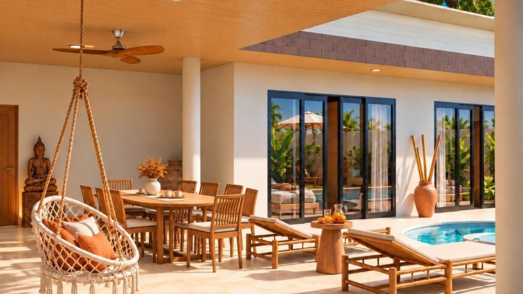 Rendu 3D de la terrasse avec fauteuil suspendu de la Villa Cholaland 2 chambres
