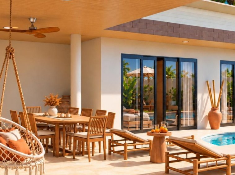 Rendu 3D de la terrasse avec fauteuil suspendu de la Villa Cholaland 2 chambres