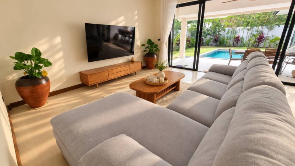 Salon ouvert sur le jardin et la piscine de la Villa Chana 3 chambres