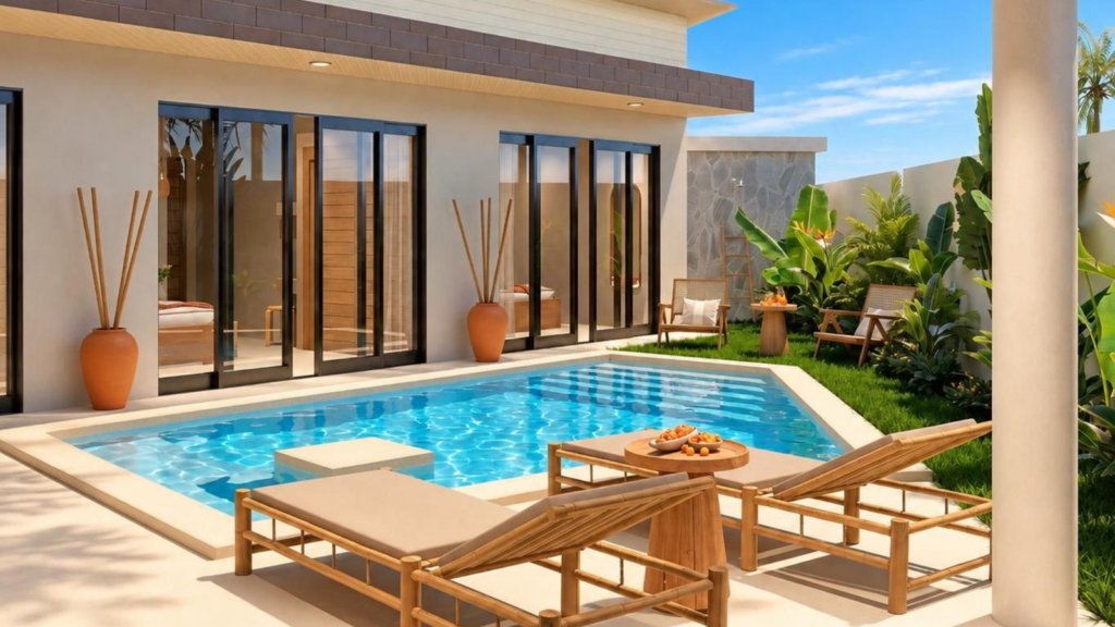 Rendu 3D de la piscine au sel et des transats de la Villa Cholaland 1 chambre