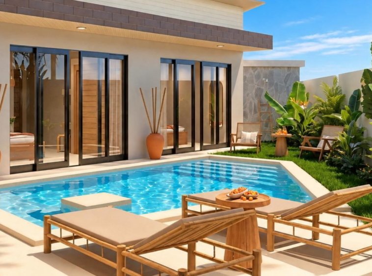Rendu 3D de la piscine au sel et des transats de la Villa Cholaland 1 chambre