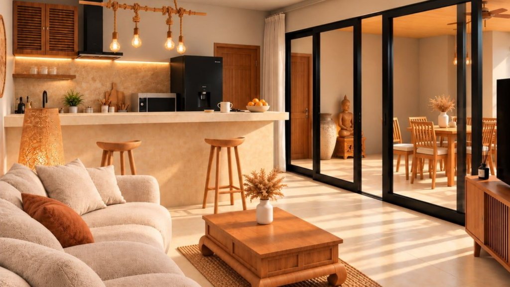 Rendu 3D du salon avec cuisine et bar de la Villa Cholaland 2 chambres