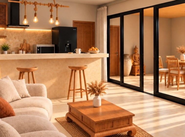 Rendu 3D du salon avec cuisine et bar de la Villa Cholaland 2 chambres