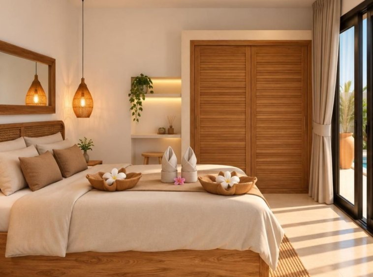 Rendu 3D de la chambre en rotin ouverte sur la piscine de la Villa Cholaland 1 chambre