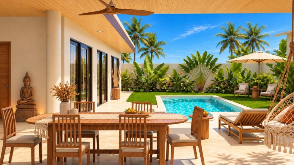 Rendu 3D de la terrasse couverte avec salle à manger d'une villa Cholaland
