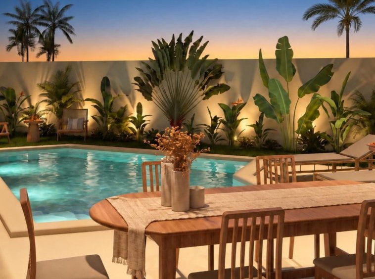 Rendu 3D de la piscine de nuit de la Villa Cholaland 1 chambre