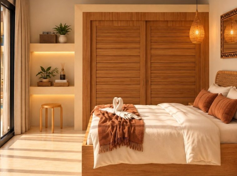 Rendu 3D de la chambre en rotin de la Villa Cholaland 2 chambres
